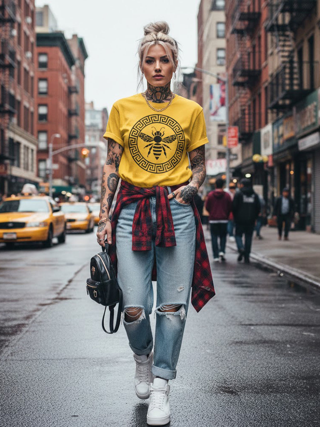 100% Cotton Unisex Honey Bee &amp; Greek Key Graphic T-Shirt | Luxury Vintage Streetwear Tee