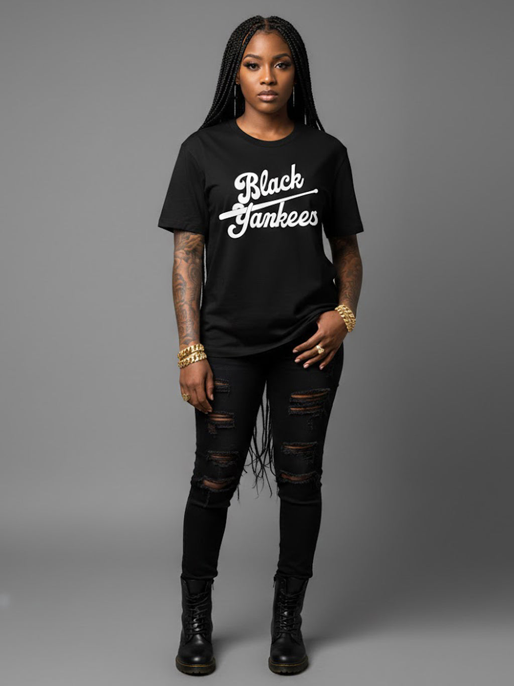 Product Title: BLOCK112 Vintage Black Yankees Script 100% Cotton Tee - Black / White