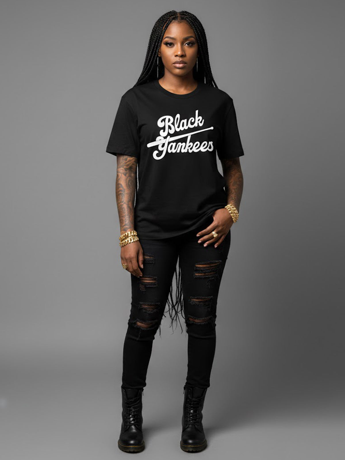Product Title: BLOCK112 Vintage Black Yankees Script 100% Cotton Tee - Black / White