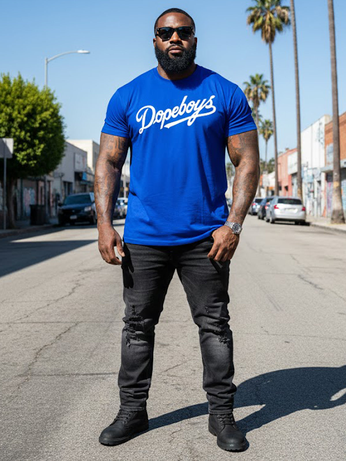 Product Title: BLOCK112 Vintage Dopeboys Script 100% Cotton Tee - Royal Blue