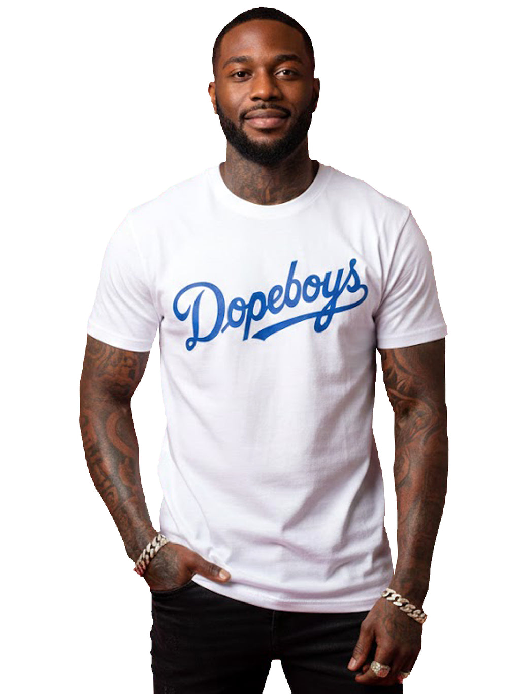 Product Title: BLOCK112 Vintage Dopeboys Script 100% Cotton Tee - White / Royal Blue