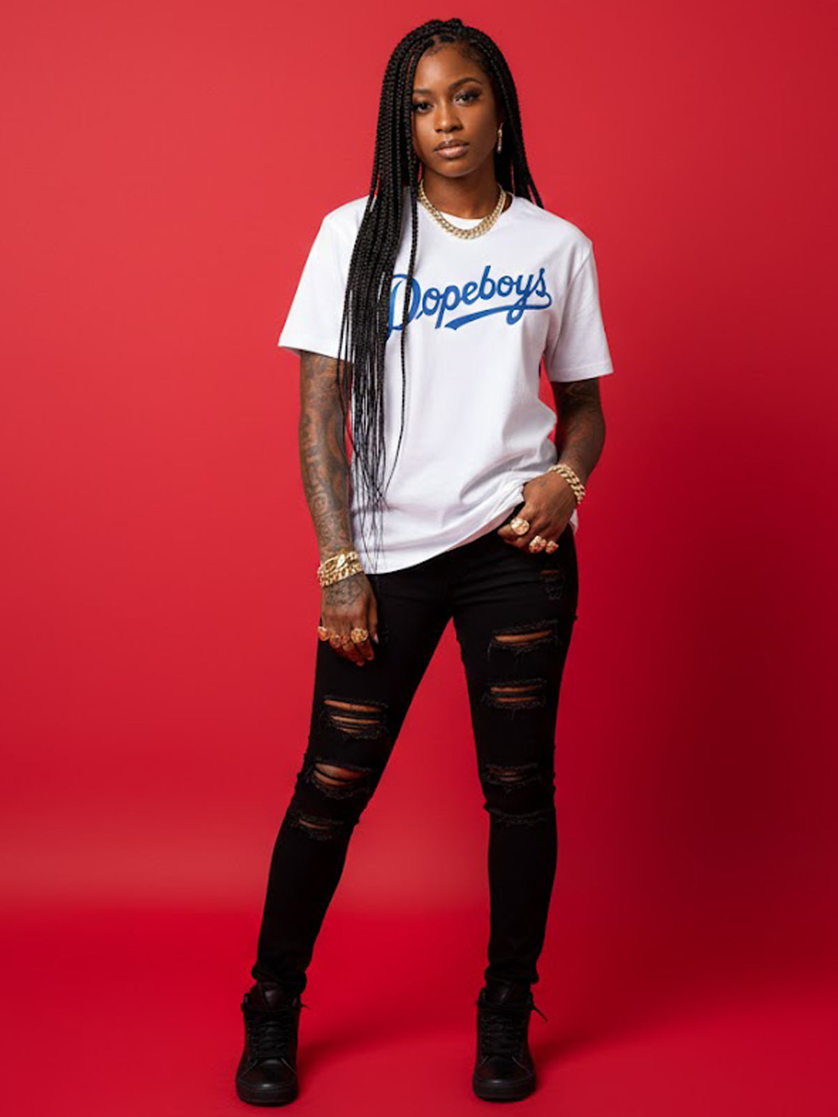 Product Title: BLOCK112 Vintage Dopeboys Script 100% Cotton Tee - White / Royal Blue