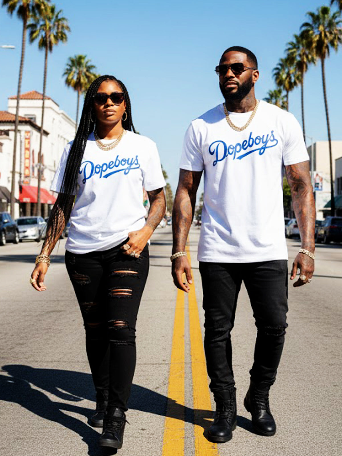 Product Title: BLOCK112 Vintage Dopeboys Script 100% Cotton Tee - White / Royal Blue