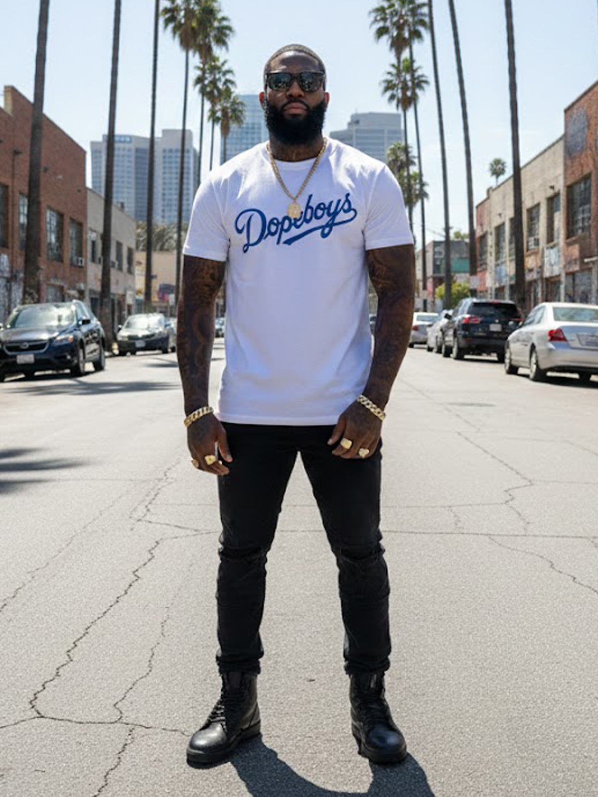Product Title: BLOCK112 Vintage Dopeboys Script 100% Cotton Tee - White / Royal Blue