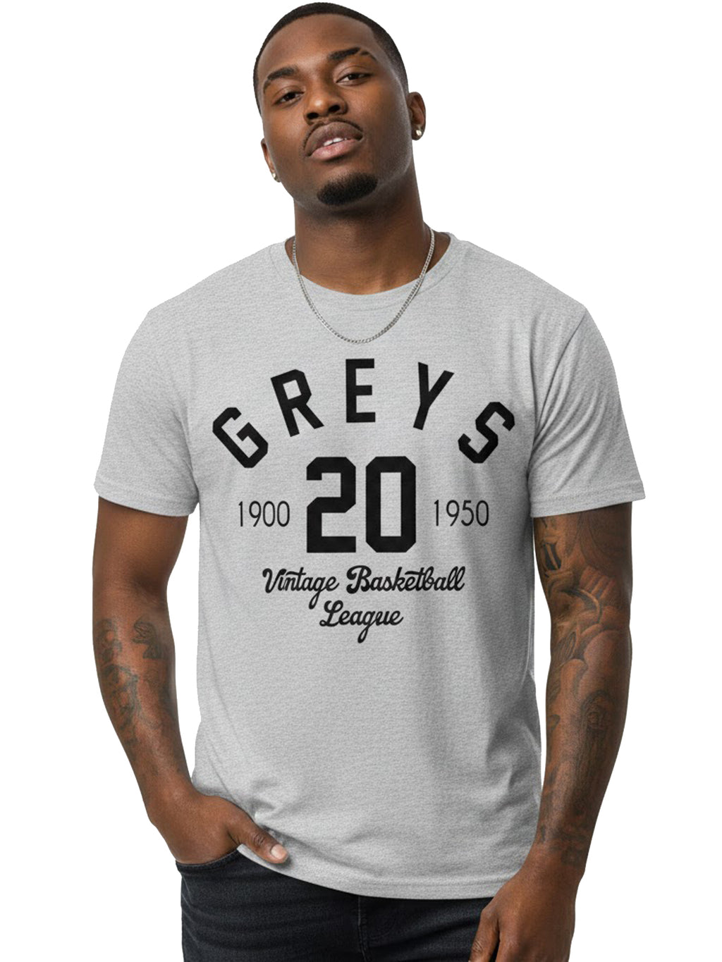 Product Title: BLOCK112 Vintage Greys Basketball League 1900-1950 100% Cotton Tee - Heather Grey