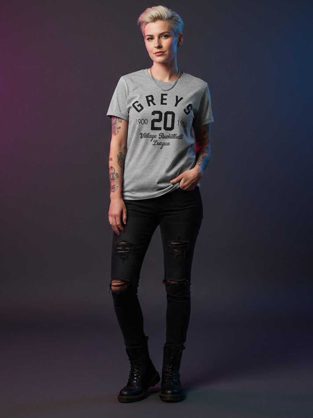Product Title: BLOCK112 Vintage Greys Basketball League 1900-1950 100% Cotton Tee - Heather Grey