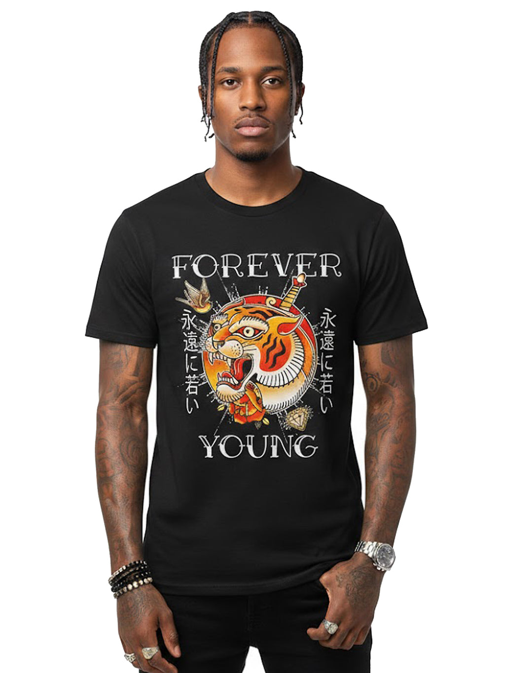 100% Cotton "Forever Young" Traditional Japanese Tiger Tattoo Graphic T-Shirt