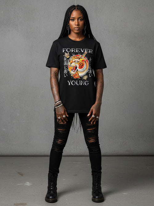 100% Cotton "Forever Young" Traditional Japanese Tiger Tattoo Graphic T-Shirt