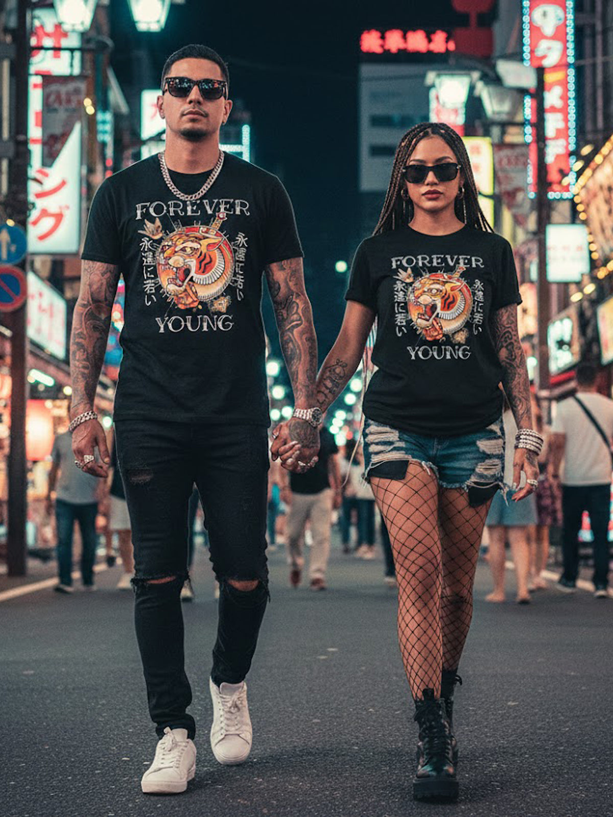 100% Cotton "Forever Young" Traditional Japanese Tiger Tattoo Graphic T-Shirt