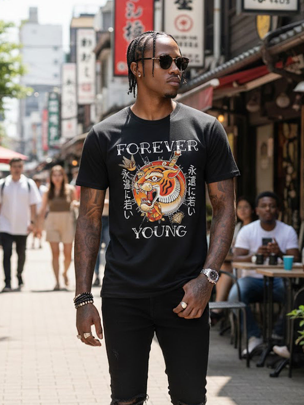 100% Cotton "Forever Young" Traditional Japanese Tiger Tattoo Graphic T-Shirt