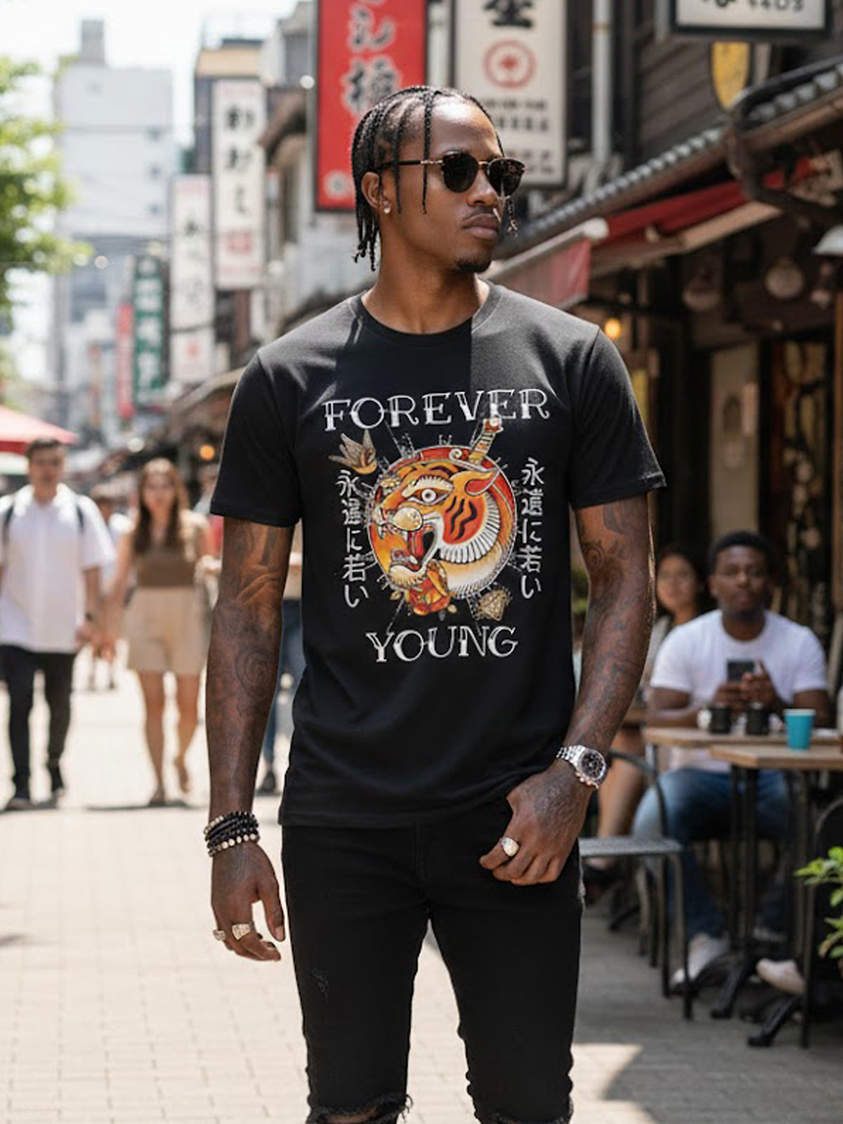 100% Cotton "Forever Young" Traditional Japanese Tiger Tattoo Graphic T-Shirt
