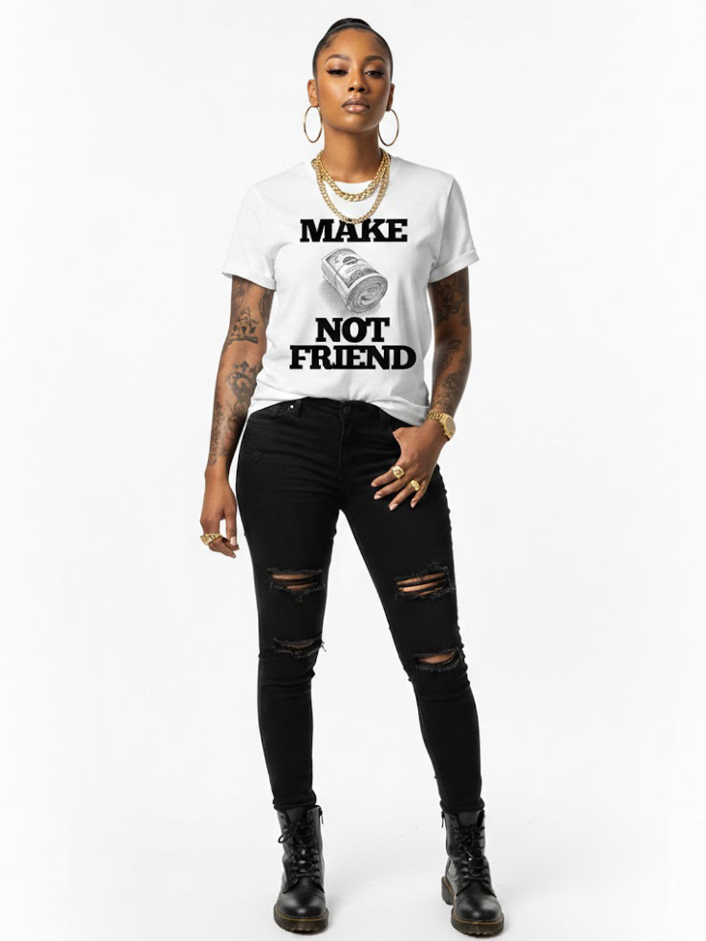 100% Cotton "Make Money Not Friends" Money Roll Graphic T-Shirt
