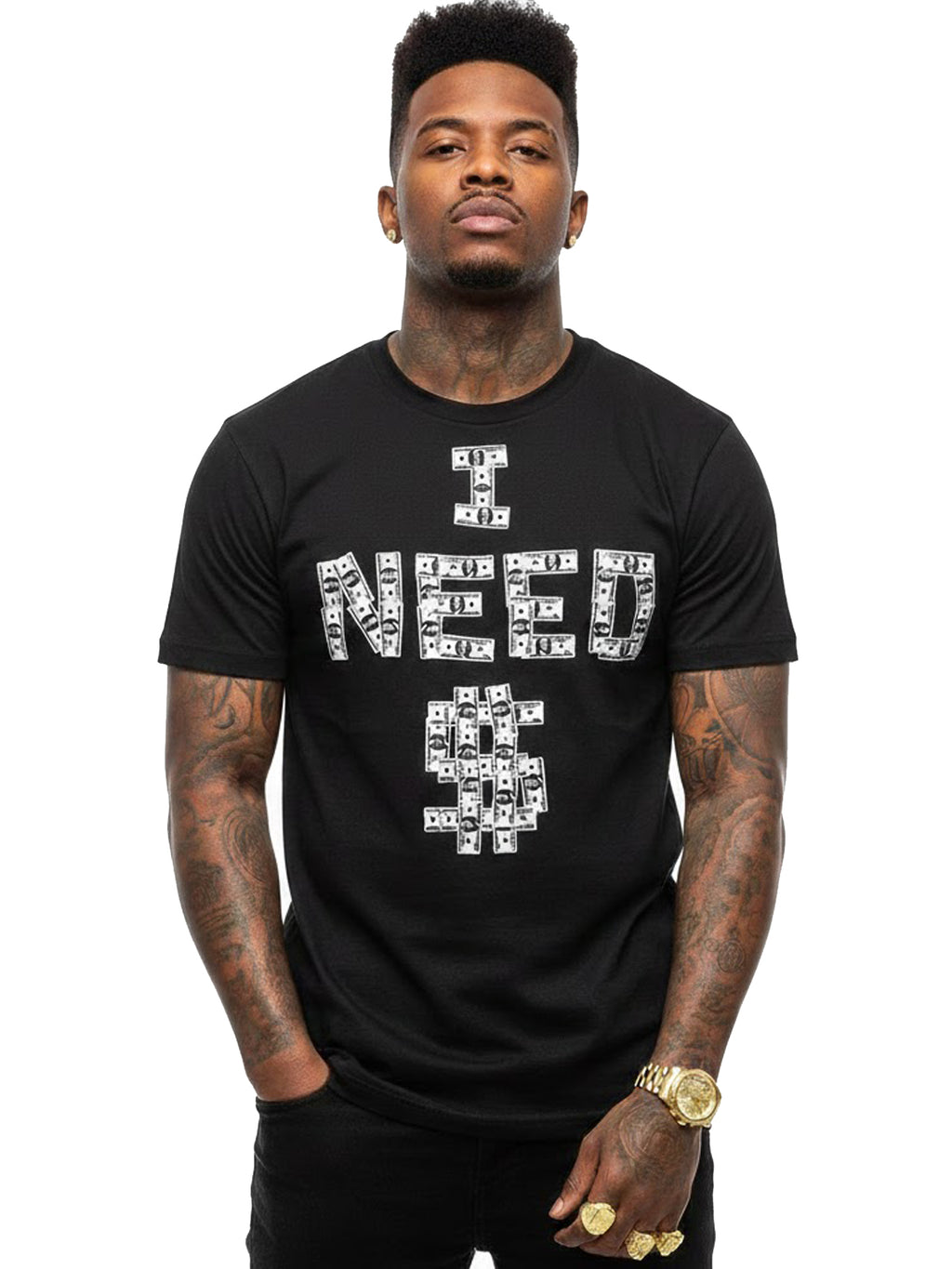 100% Cotton "I NEED $" Cash Pattern Graphic T-Shirt - Black