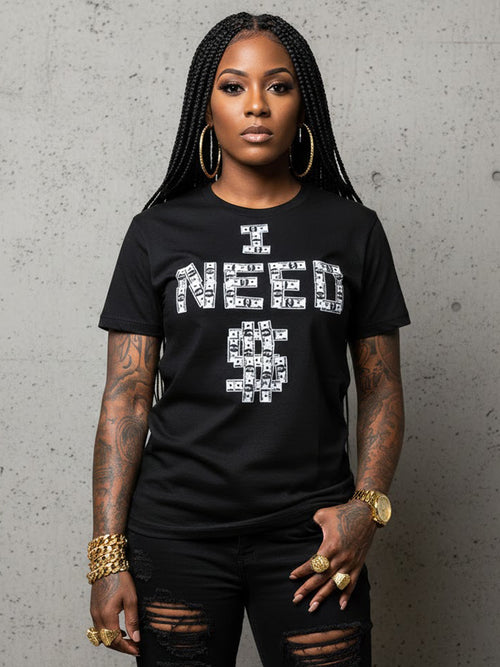100% Cotton "I NEED $" Cash Pattern Graphic T-Shirt - Black