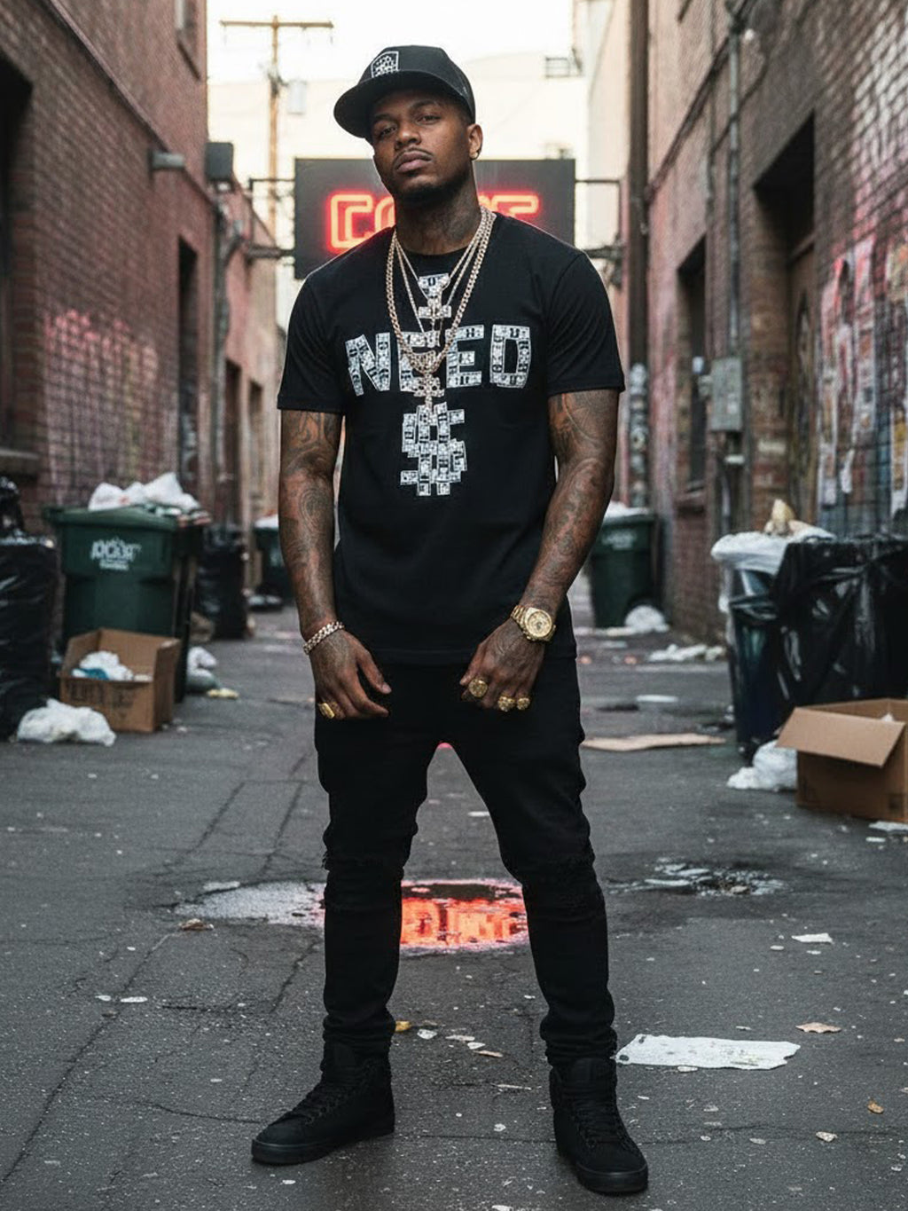 100% Cotton "I NEED $" Cash Pattern Graphic T-Shirt - Black