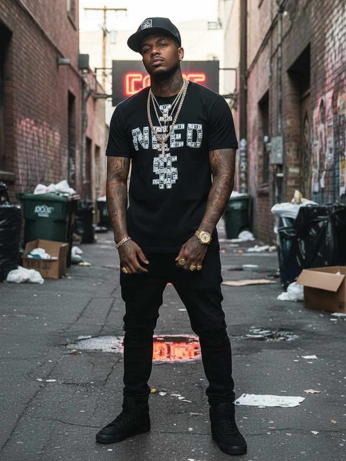 100% Cotton "I NEED $" Cash Pattern Graphic T-Shirt - Black