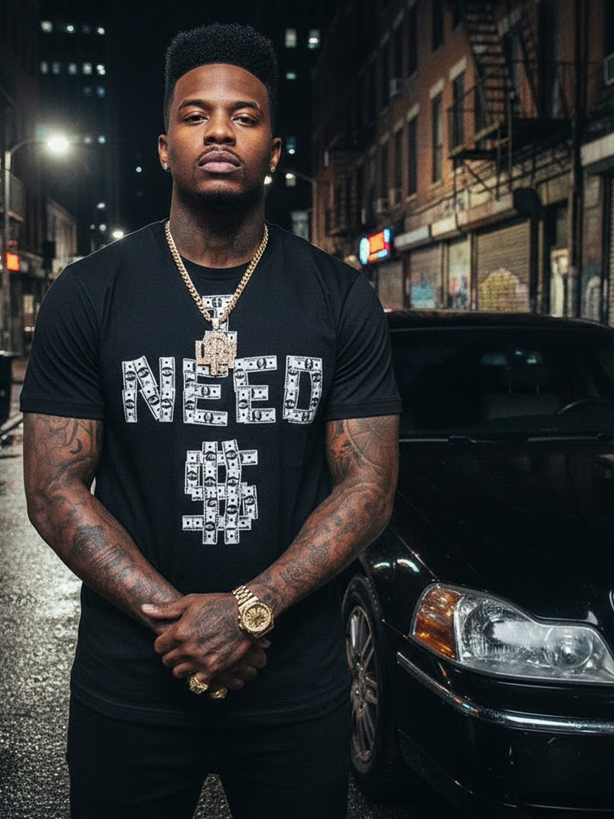 100% Cotton "I NEED $" Cash Pattern Graphic T-Shirt - Black
