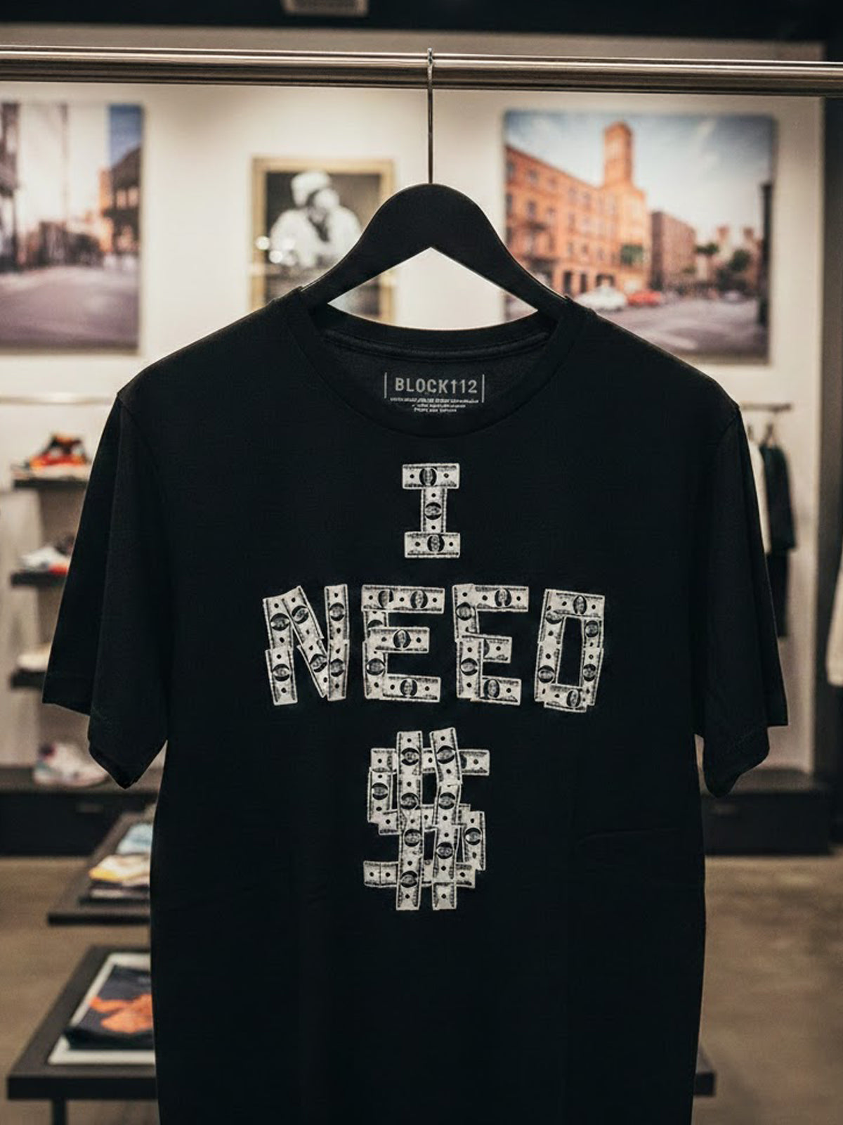 100% Cotton "I NEED $" Cash Pattern Graphic T-Shirt - Black