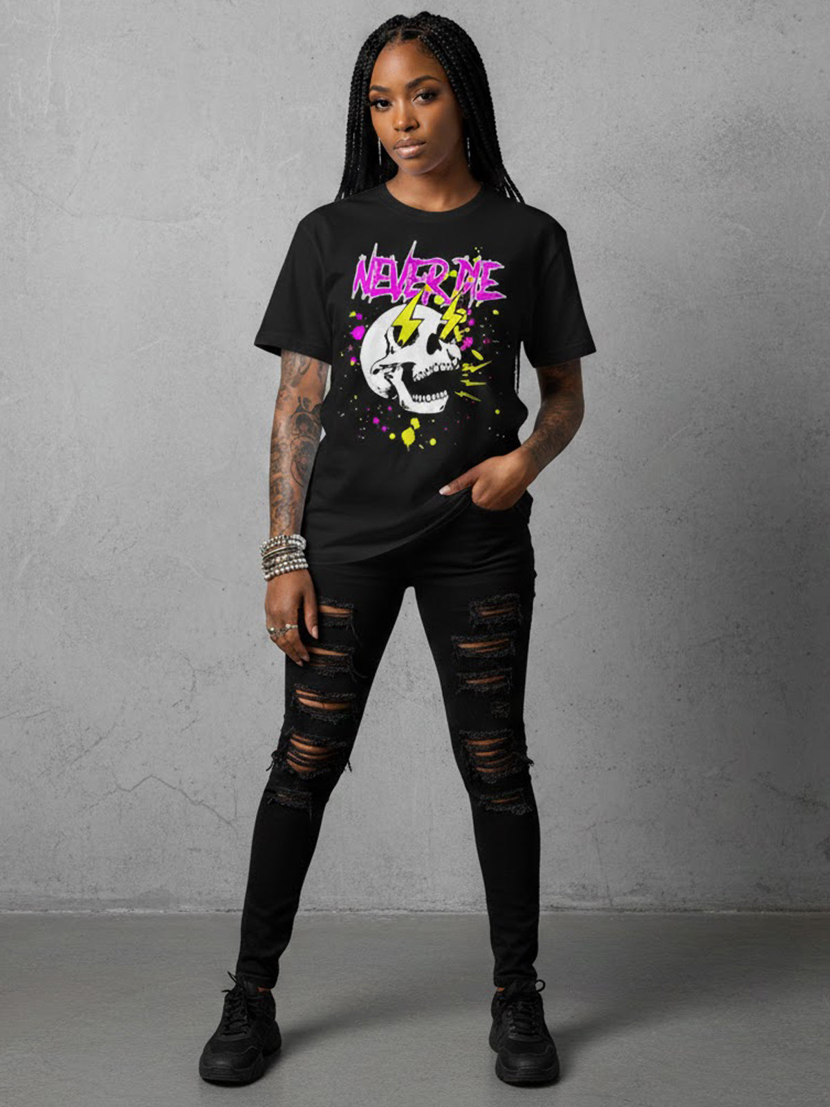 100% Cotton "Never Die" Skull &amp; Lightning Punk Graphic T-Shirt