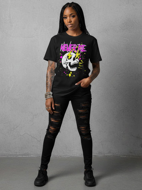 100% Cotton "Never Die" Skull &amp; Lightning Punk Graphic T-Shirt