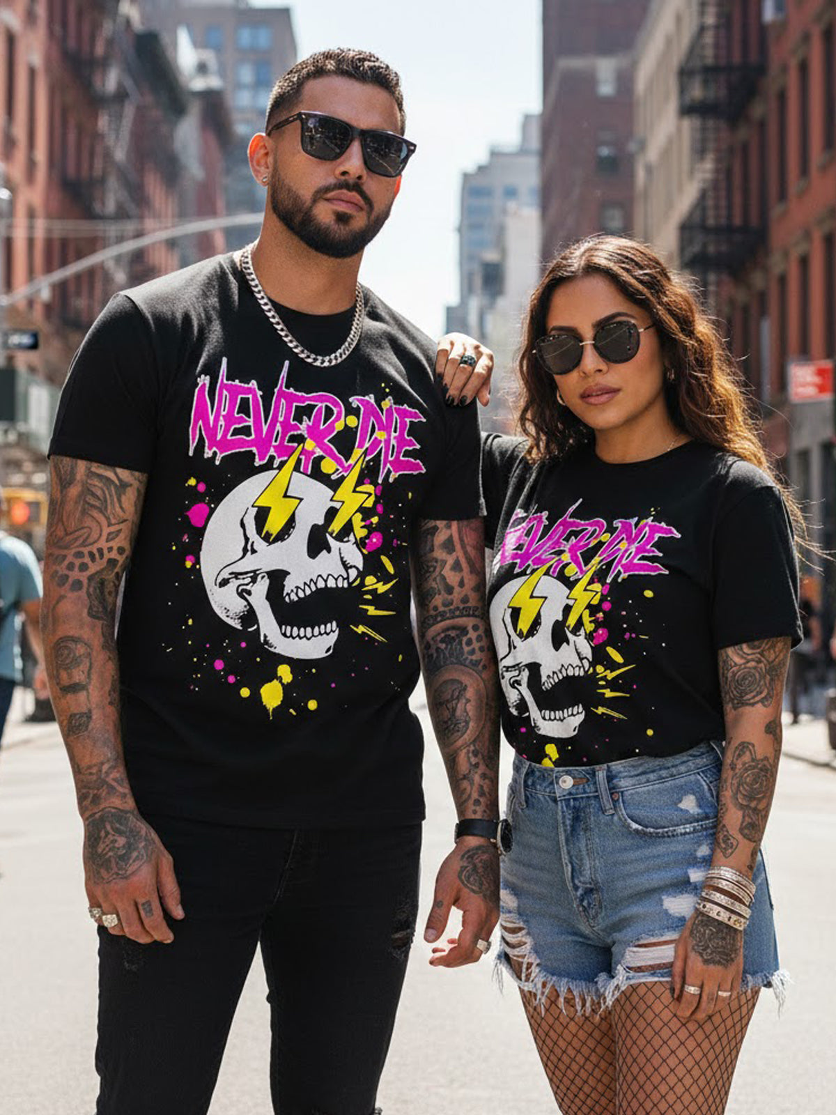 100% Cotton "Never Die" Skull &amp; Lightning Punk Graphic T-Shirt