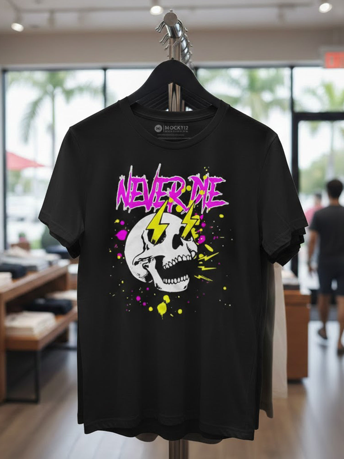 100% Cotton "Never Die" Skull &amp; Lightning Punk Graphic T-Shirt