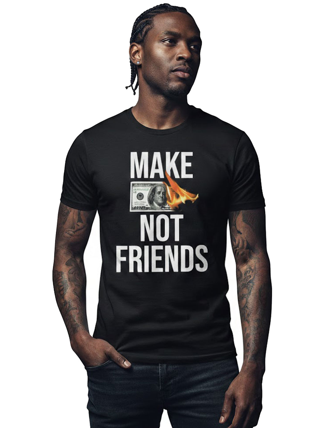 100% Cotton "Make Money Not Friends" Burning Bill Graphic T-Shirt