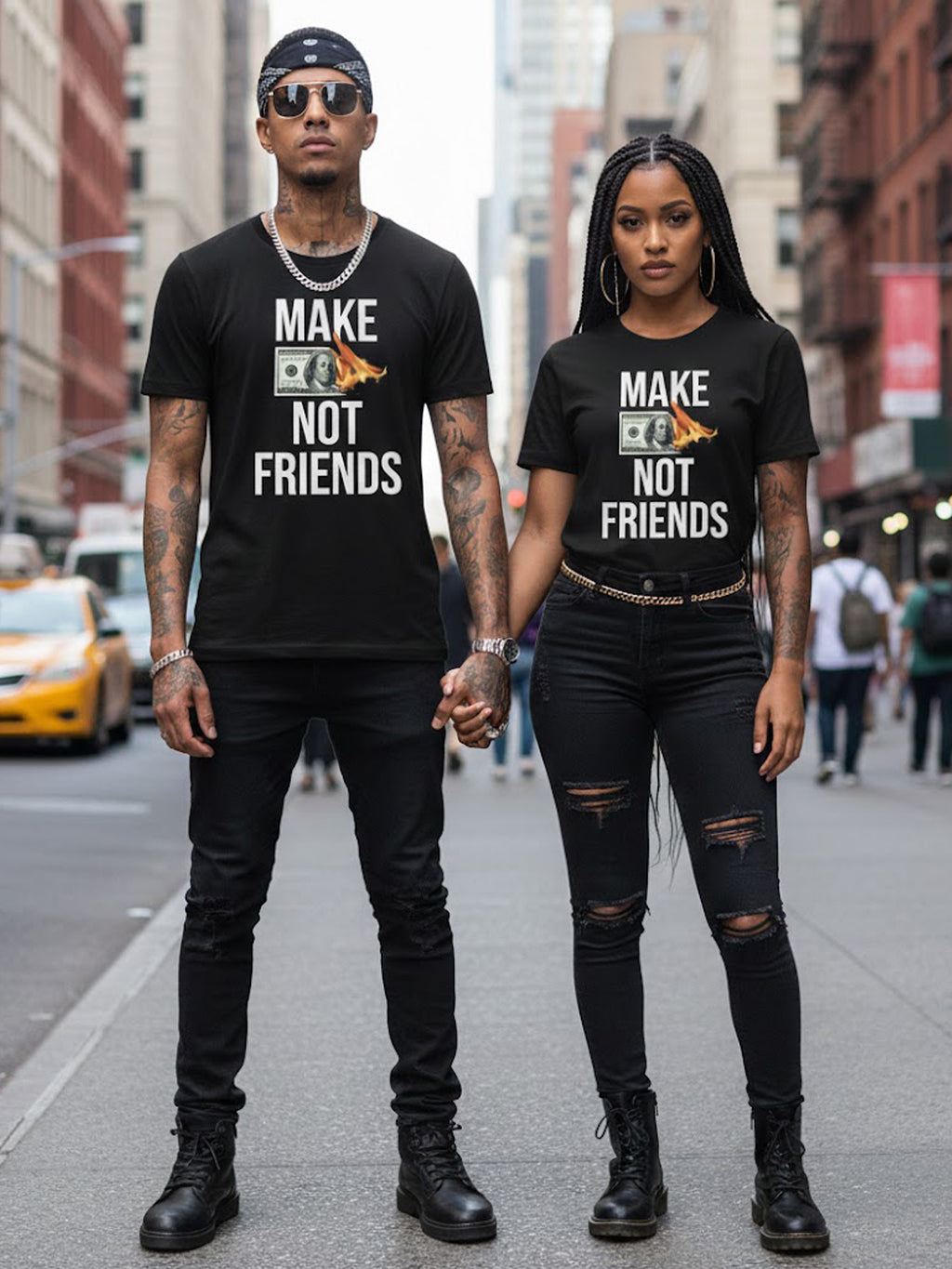 100% Cotton "Make Money Not Friends" Burning Bill Graphic T-Shirt