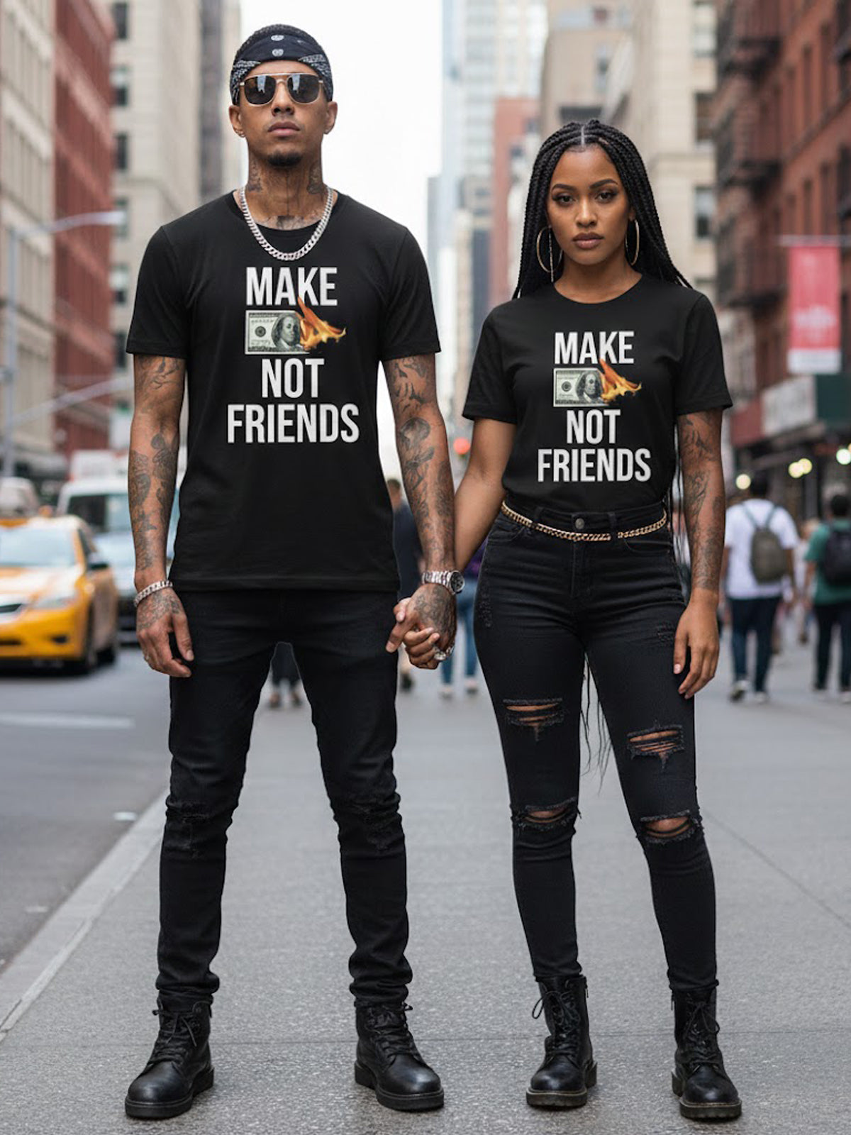 100% Cotton "Make Money Not Friends" Burning Bill Graphic T-Shirt