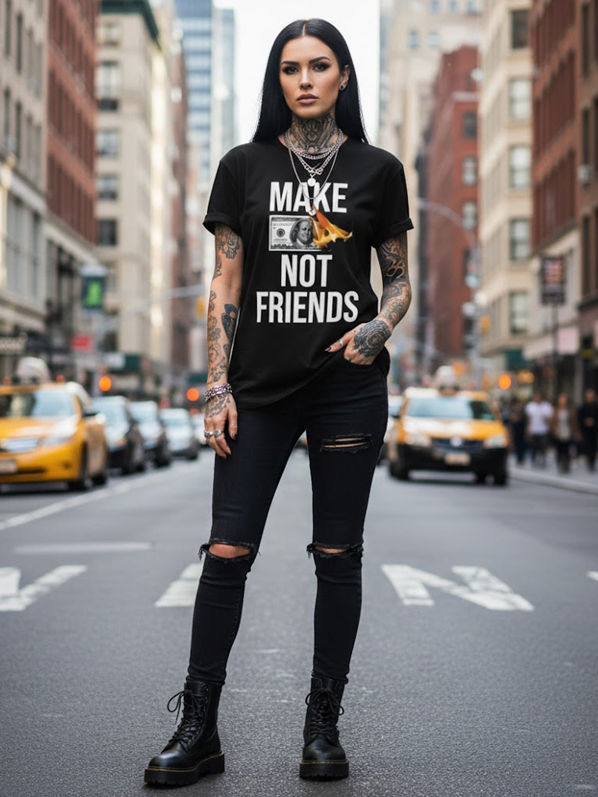 100% Cotton "Make Money Not Friends" Burning Bill Graphic T-Shirt
