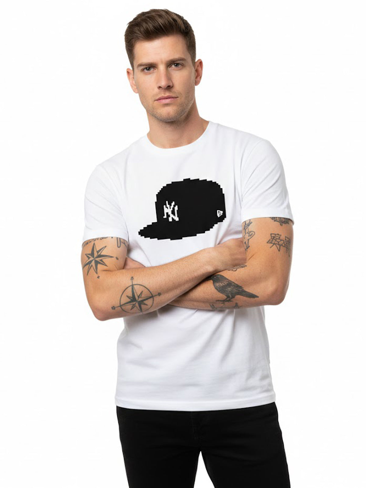 Product Title: BLOCK112 Pixel NY Cap Graphic 100% Cotton Tee - White / Black