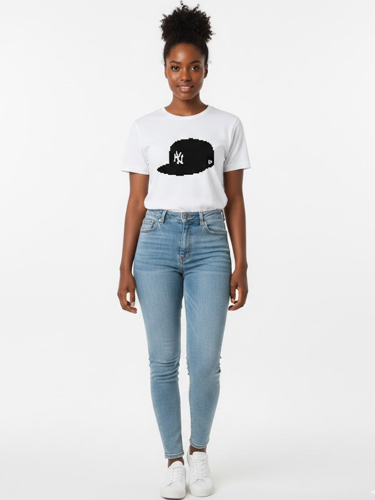Product Title: BLOCK112 Pixel NY Cap Graphic 100% Cotton Tee - White / Black