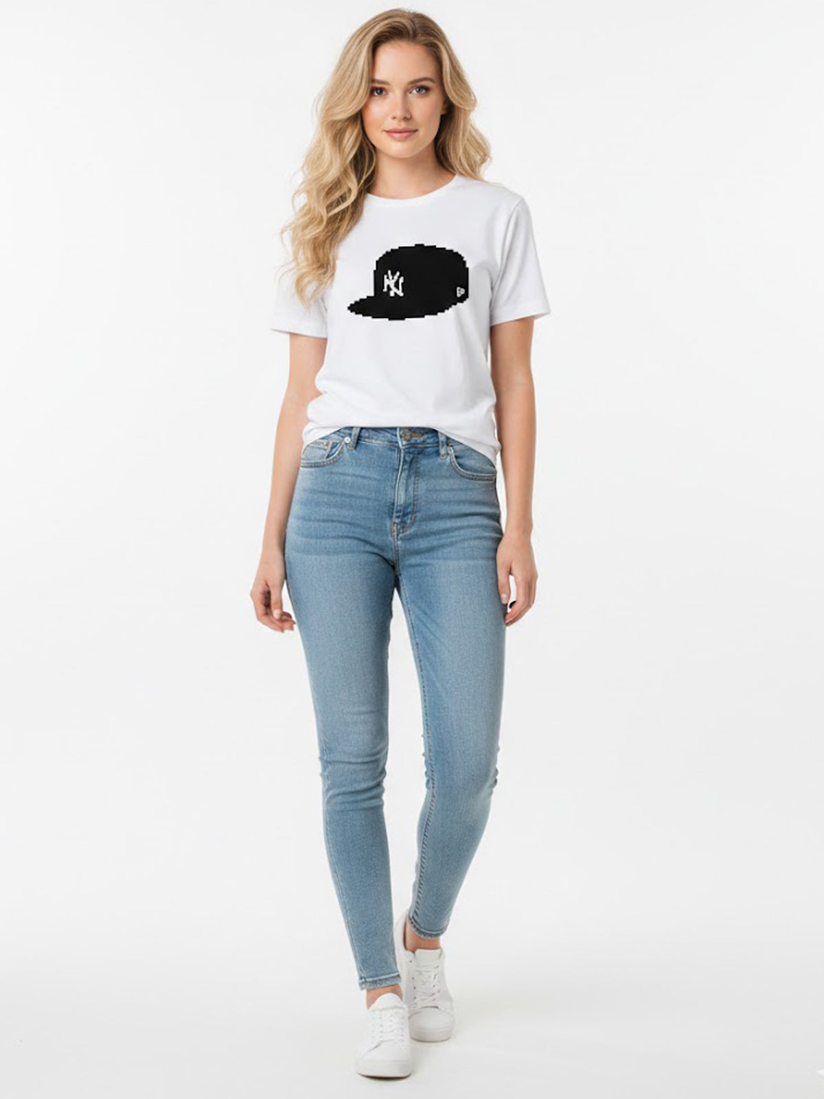 Product Title: BLOCK112 Pixel NY Cap Graphic 100% Cotton Tee - White / Black