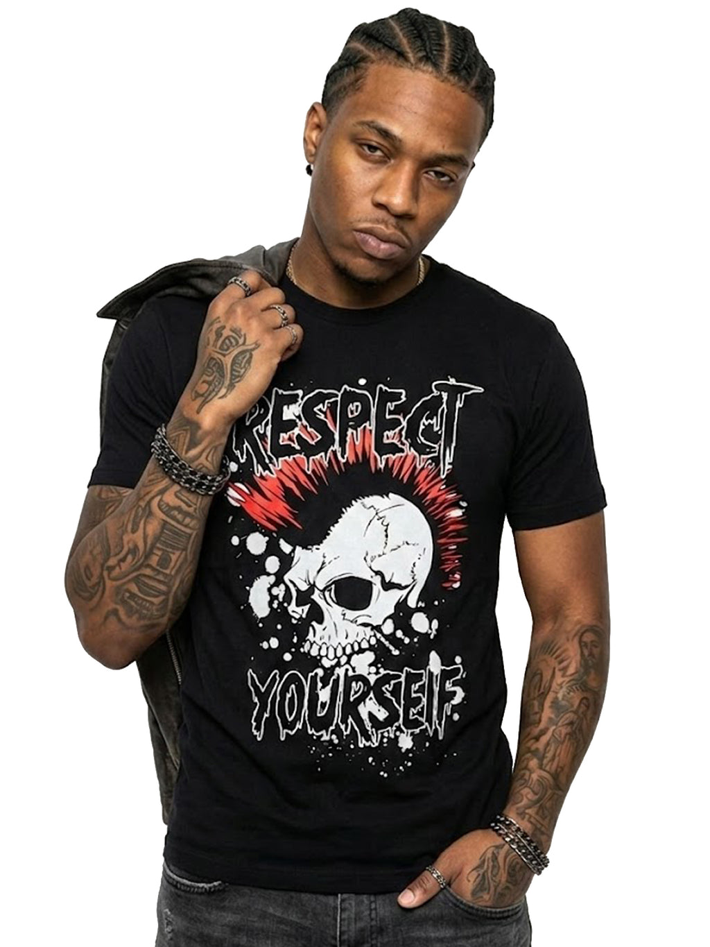 Product Title: BLOCK112 "Respect Yourself" Punk Skull Graffiti 100% Cotton Tee - Black