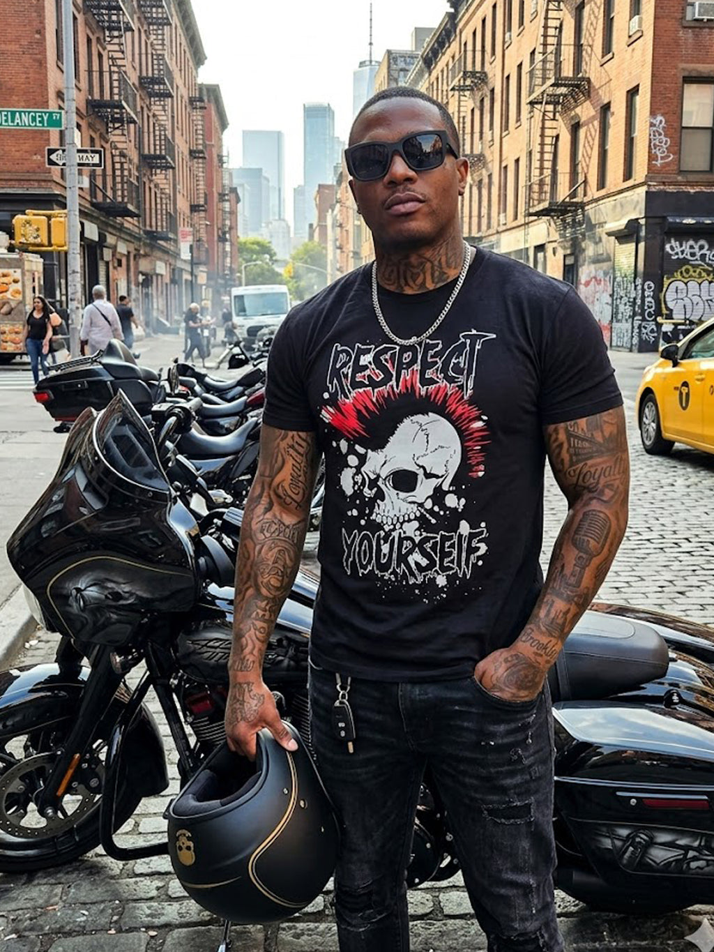 Product Title: BLOCK112 "Respect Yourself" Punk Skull Graffiti 100% Cotton Tee - Black