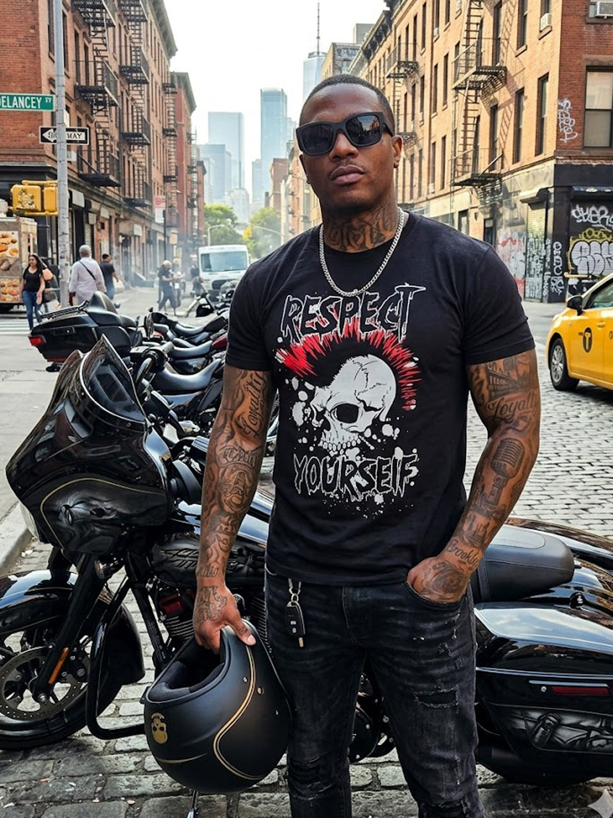 Product Title: BLOCK112 "Respect Yourself" Punk Skull Graffiti 100% Cotton Tee - Black