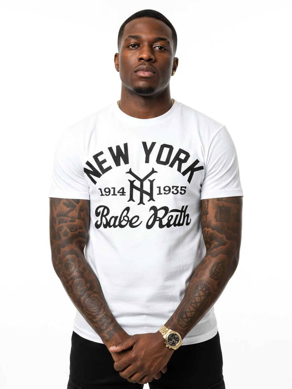 Product Title: BLOCK112 Vintage Babe Ruth New York 1914-1935 100% Cotton Tee - White / Black