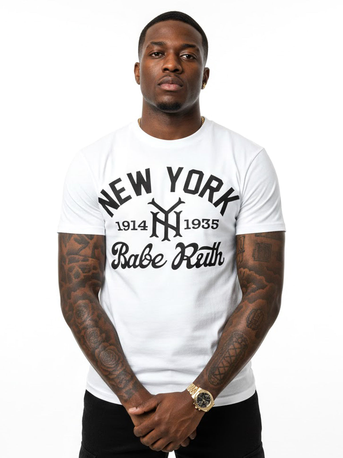 Product Title: BLOCK112 Vintage Babe Ruth New York 1914-1935 100% Cotton Tee - White / Black