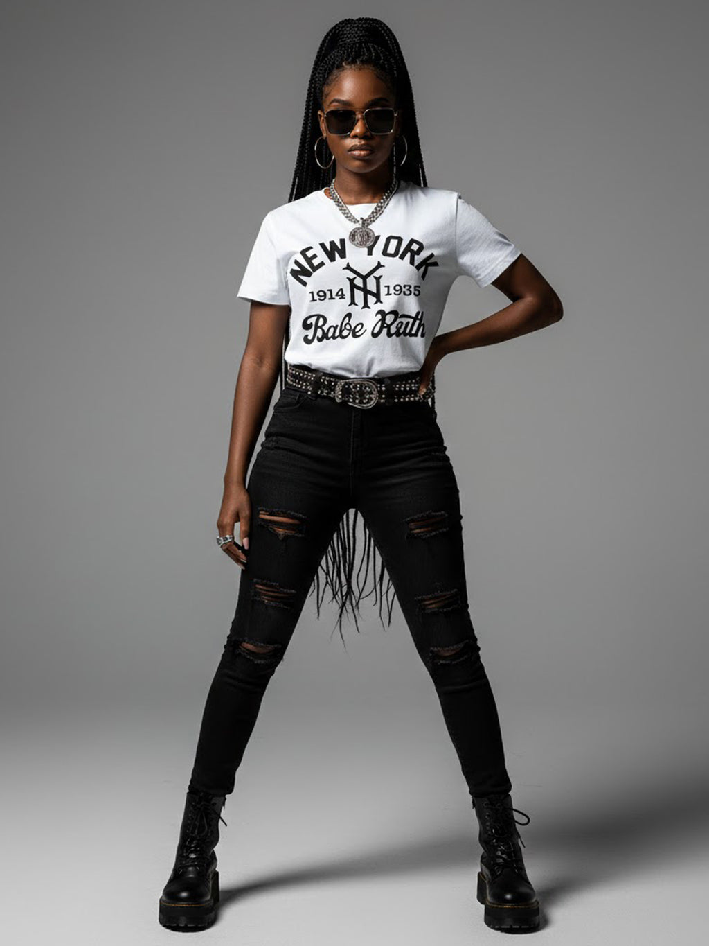 Product Title: BLOCK112 Vintage Babe Ruth New York 1914-1935 100% Cotton Tee - White / Black