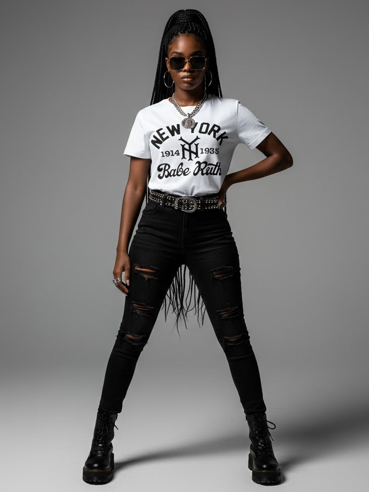 Product Title: BLOCK112 Vintage Babe Ruth New York 1914-1935 100% Cotton Tee - White / Black