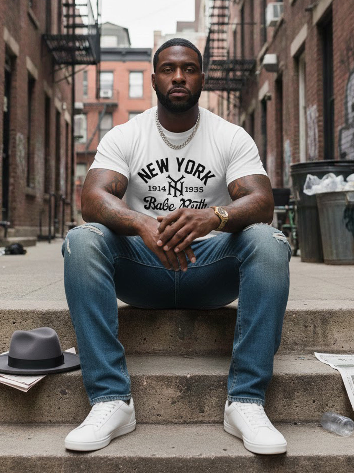Product Title: BLOCK112 Vintage Babe Ruth New York 1914-1935 100% Cotton Tee - White / Black