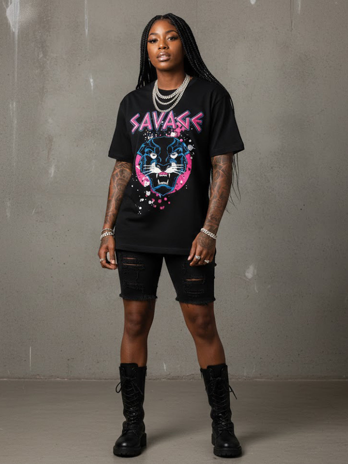 100% Cotton "SAVAGE" Panther Neon Graphic T-Shirt
