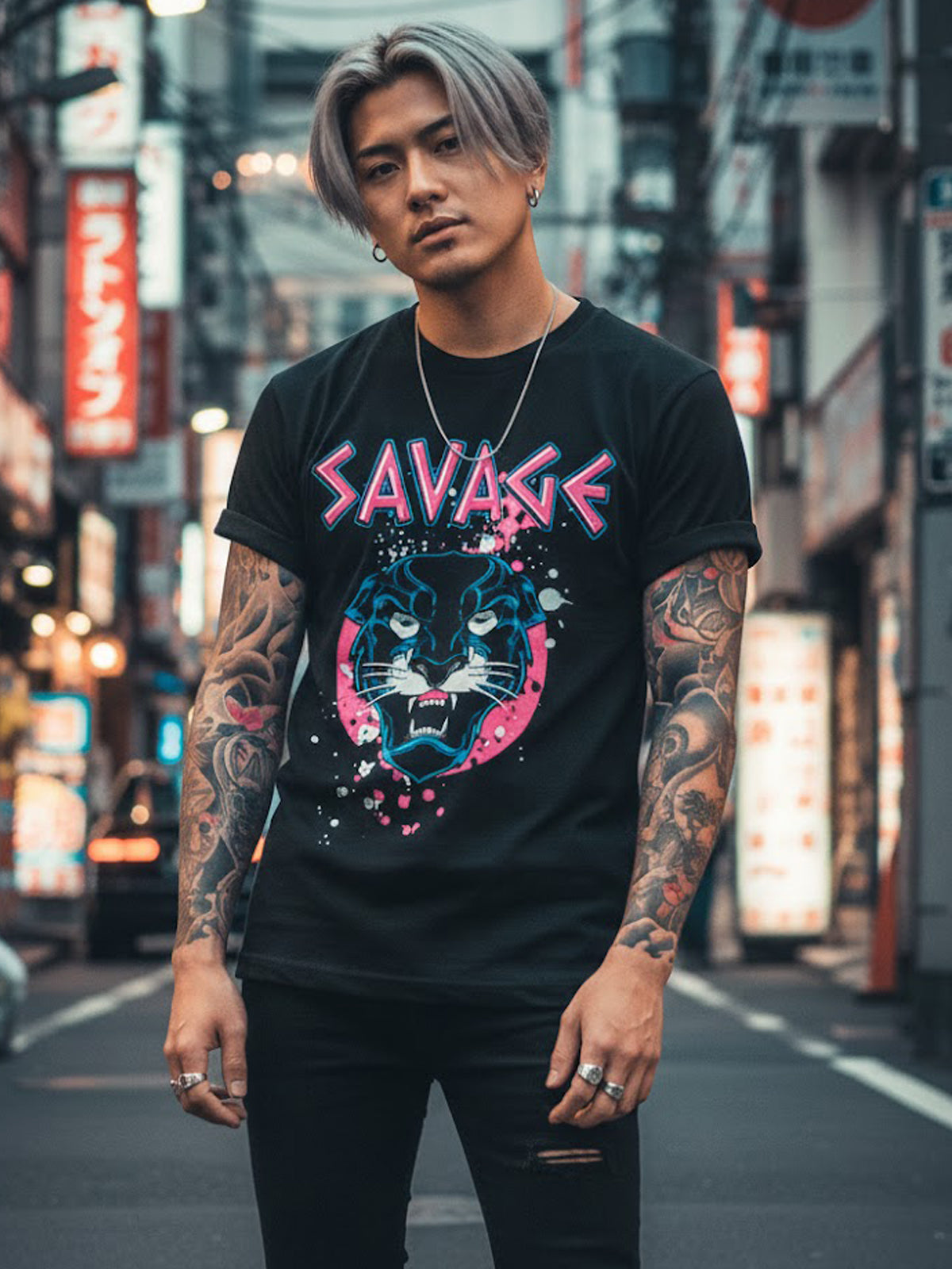 100% Cotton "SAVAGE" Panther Neon Graphic T-Shirt
