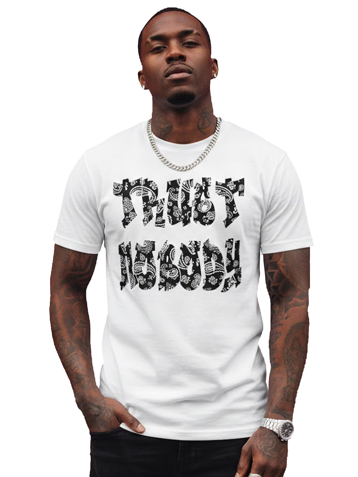 100% Cotton Unisex "TRUST NOBODY" Paisley Bandana Graphic T-Shirt | Chicano Streetwear Tee