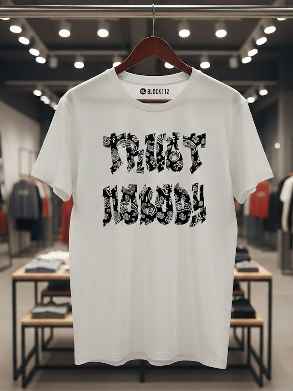 100% Cotton Unisex "TRUST NOBODY" Paisley Bandana Graphic T-Shirt | Chicano Streetwear Tee